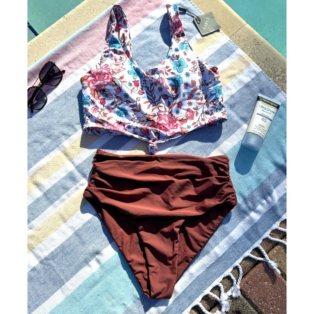 NWT, Zaful, High Waist‎ Bikini Set, Floral Tie-Front Top, Size M
